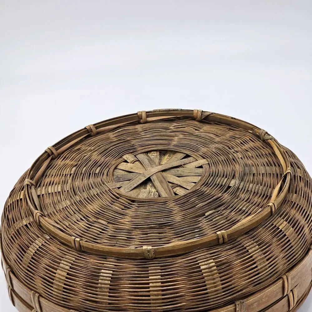 VTG 1950s Chinese Wicker Bamboo Sewing Basket w Colorful Beads Jadeite Tassels